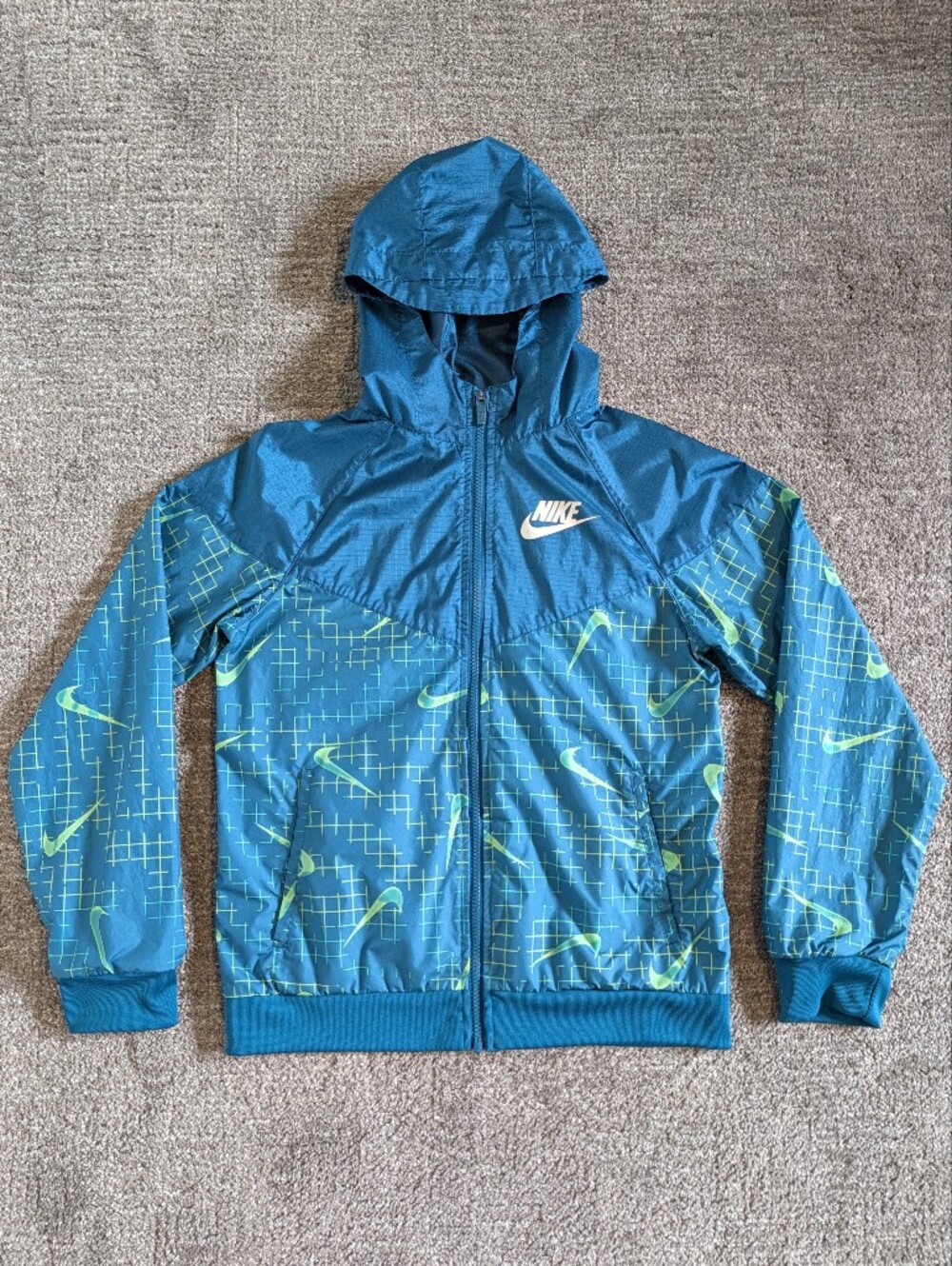 Nike Kids Teal & Neon Green Hooded Windbreaker Loose Fit Jacket - Large